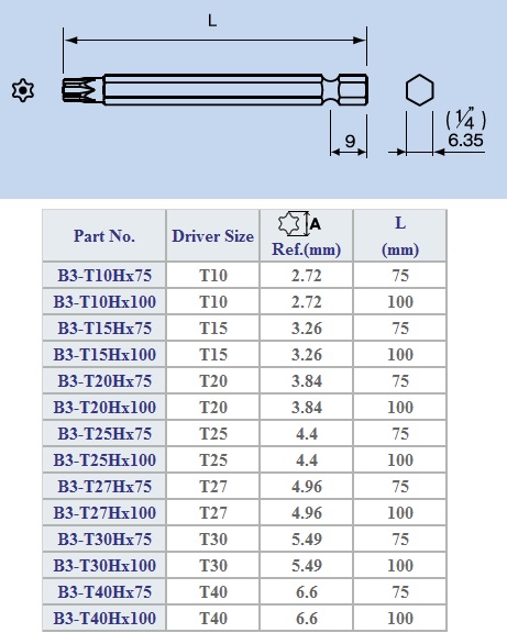 Torx Bits Size Chart